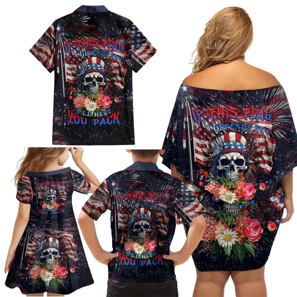 If This Flag Offends You I'll Help You Pack Family Matching Off Shoulder Short Dress and Hawaiian Shirt - Wonder Print Shop