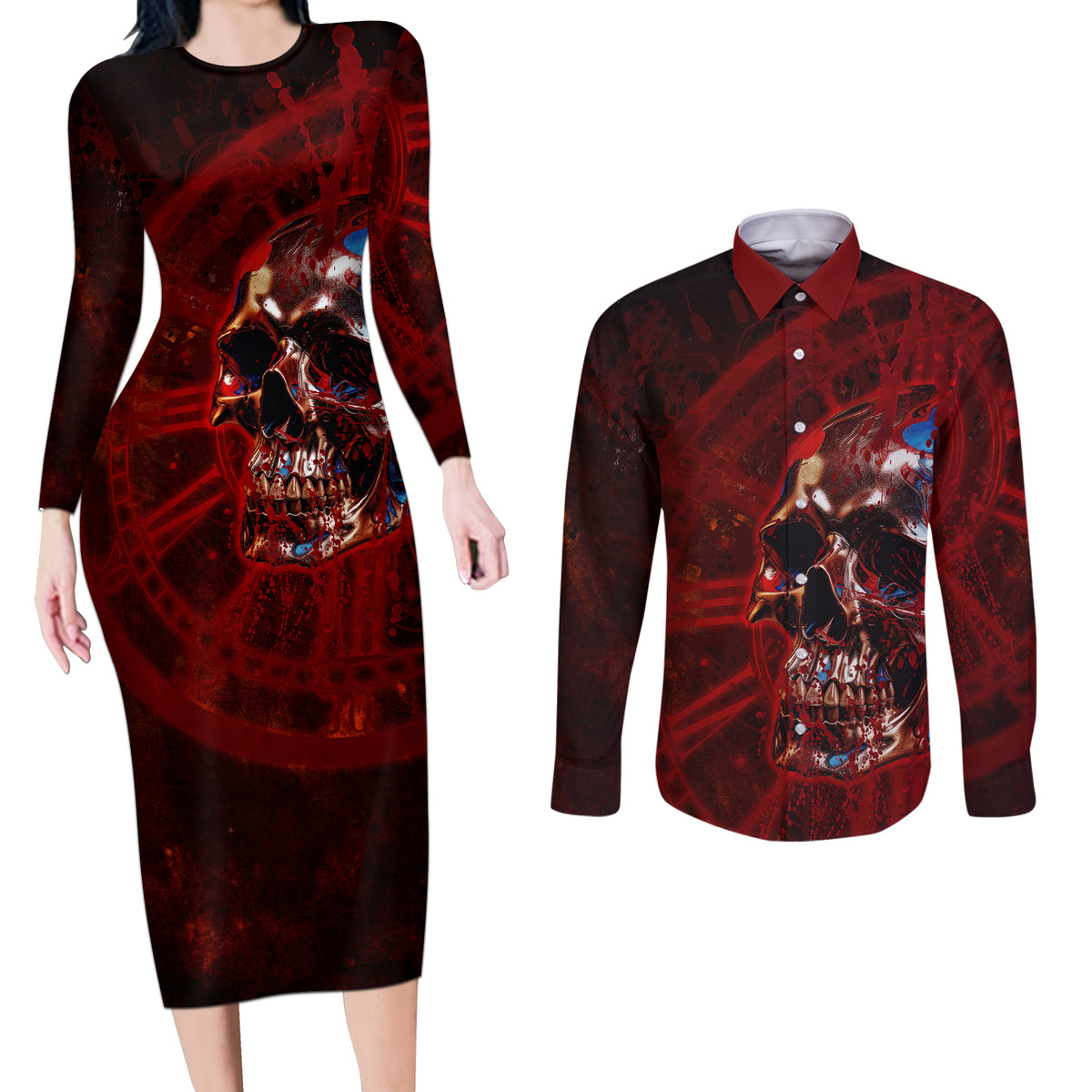 Time To Unleash A Little Hell!! Couples Matching Long Sleeve Bodycon Dress and Long Sleeve Button Shirts - Wonder Print Shop