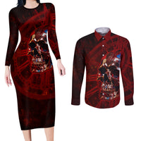 Time To Unleash A Little Hell!! Couples Matching Long Sleeve Bodycon Dress and Long Sleeve Button Shirts - Wonder Print Shop