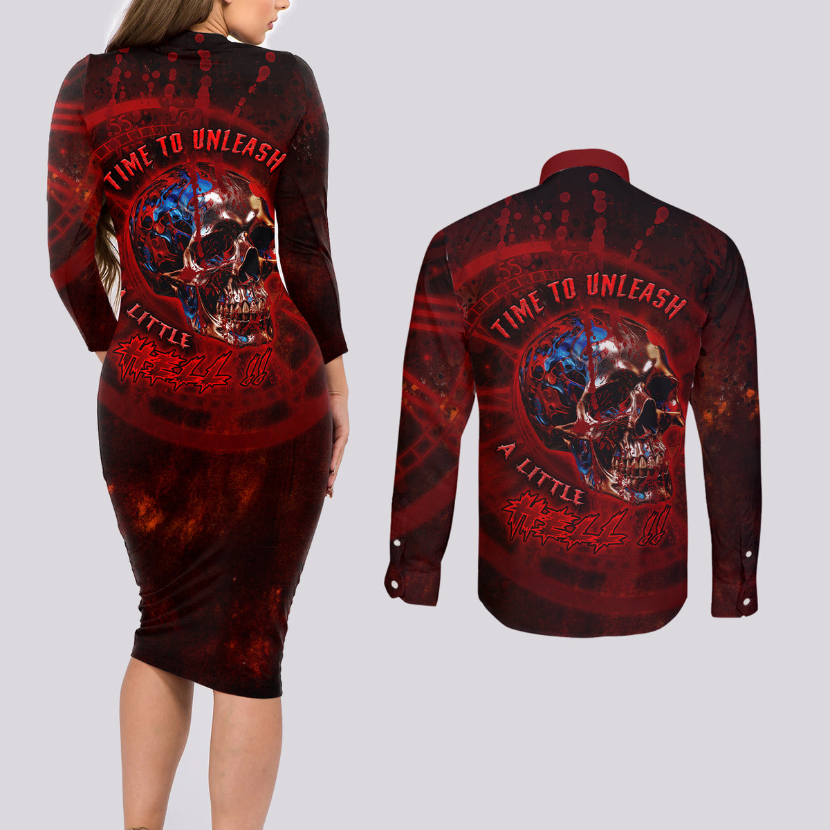 Time To Unleash A Little Hell!! Couples Matching Long Sleeve Bodycon Dress and Long Sleeve Button Shirts - Wonder Print Shop