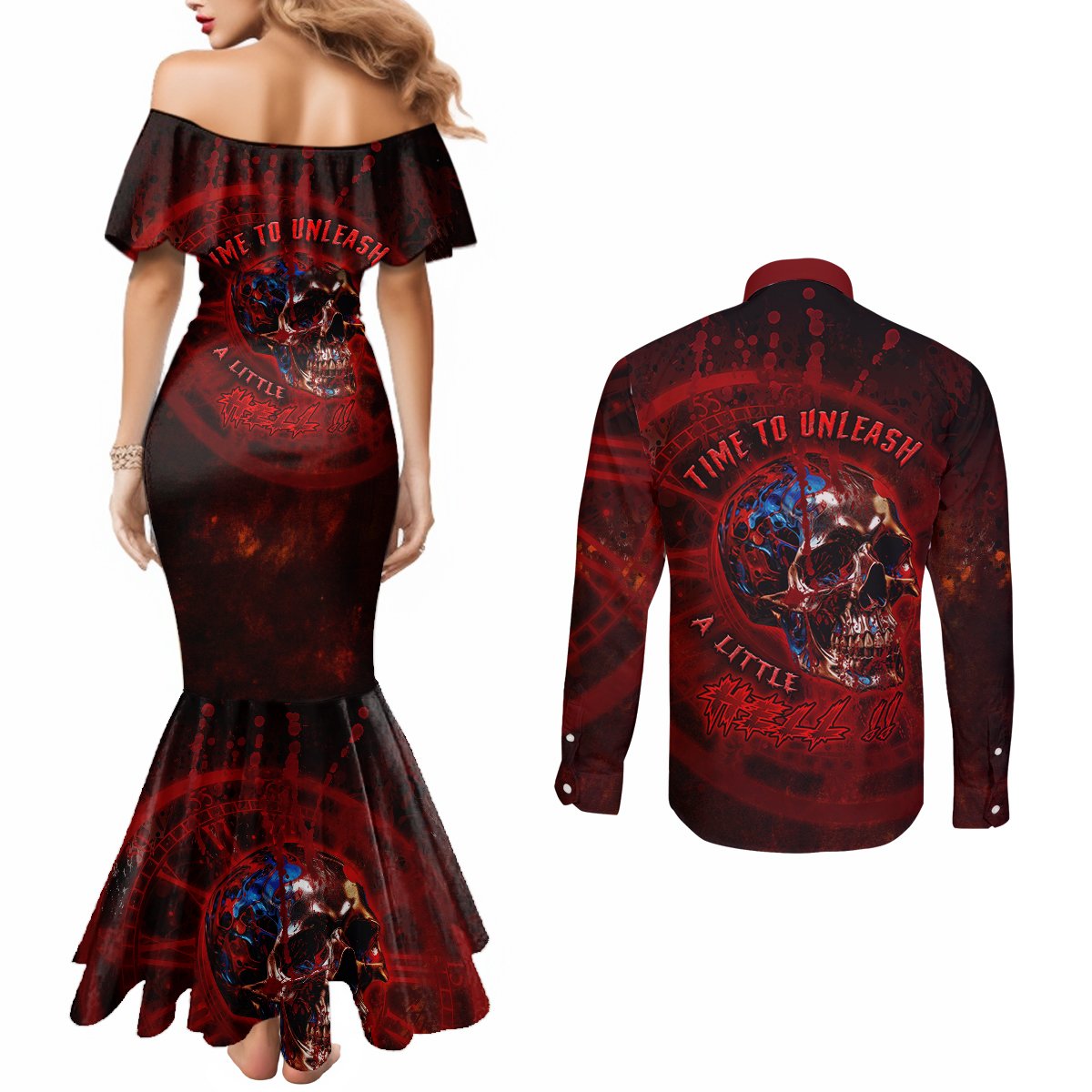 time-to-unleash-a-little-hell-couples-matching-mermaid-dress-and-long-sleeve-button-shirts