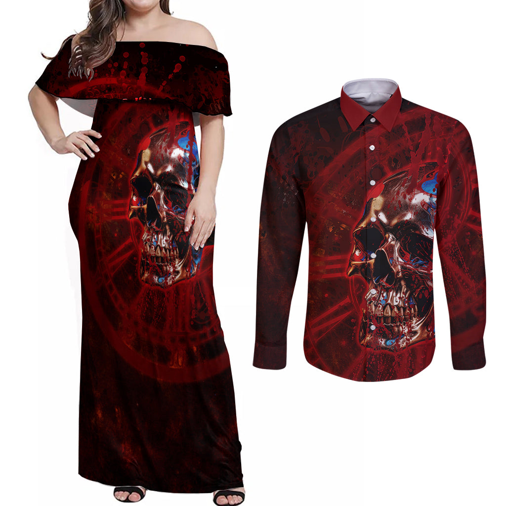 Time To Unleash A Little Hell!! Couples Matching Off Shoulder Maxi Dress and Long Sleeve Button Shirts - Wonder Print Shop