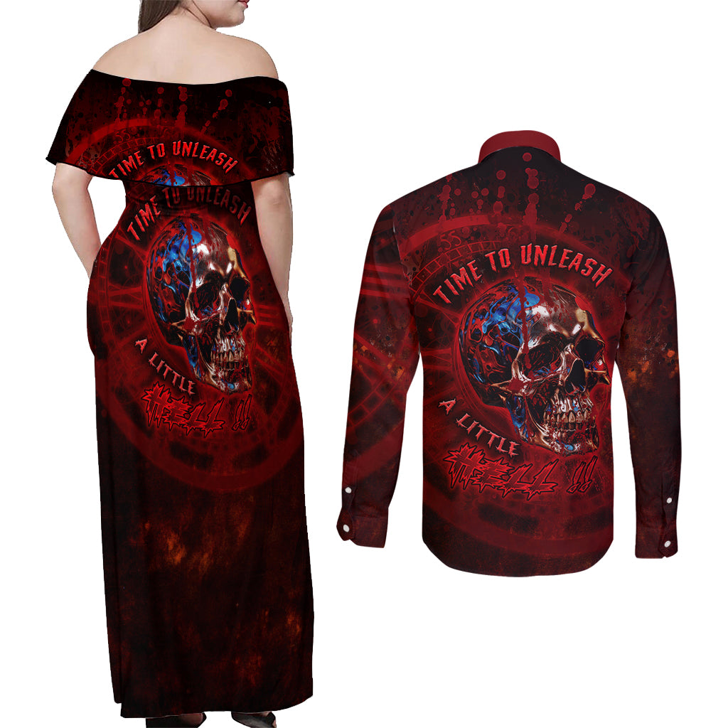Time To Unleash A Little Hell!! Couples Matching Off Shoulder Maxi Dress and Long Sleeve Button Shirts - Wonder Print Shop