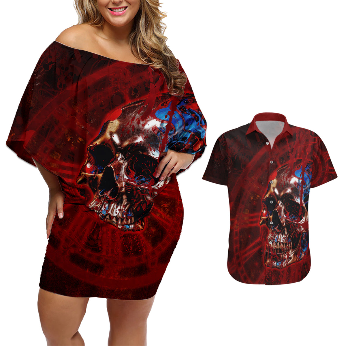 Time To Unleash A Little Hell!! Couples Matching Off Shoulder Short Dress and Hawaiian Shirt - Wonder Print Shop