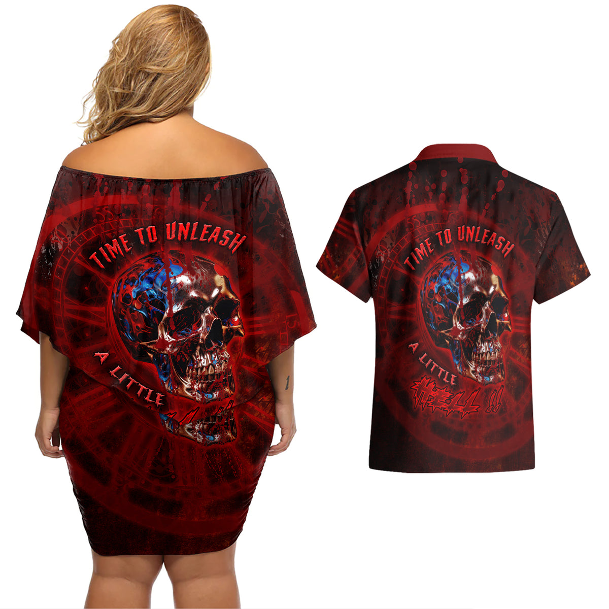 Time To Unleash A Little Hell!! Couples Matching Off Shoulder Short Dress and Hawaiian Shirt - Wonder Print Shop