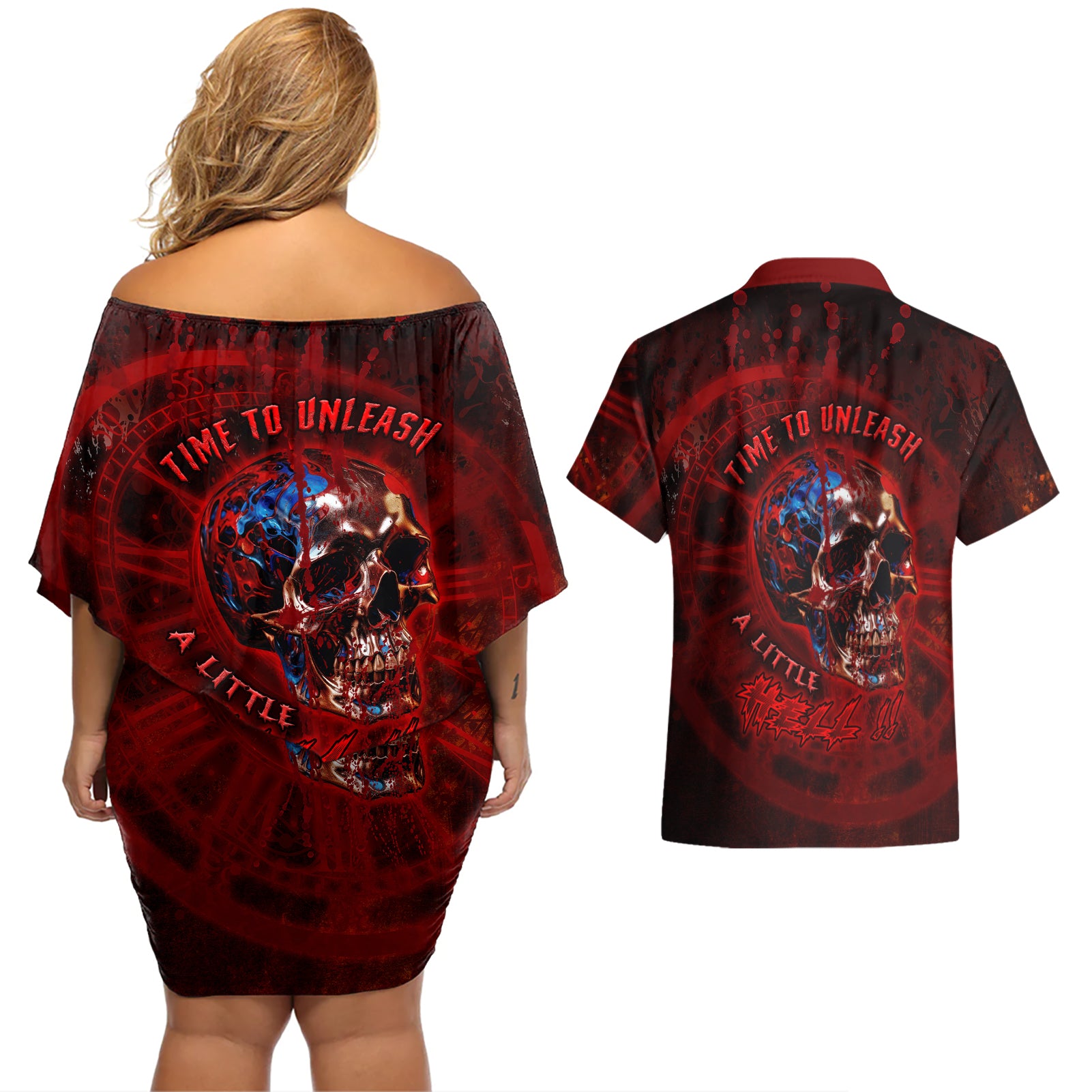 Time To Unleash A Little Hell!! Couples Matching Off Shoulder Short Dress and Hawaiian Shirt - Wonder Print Shop