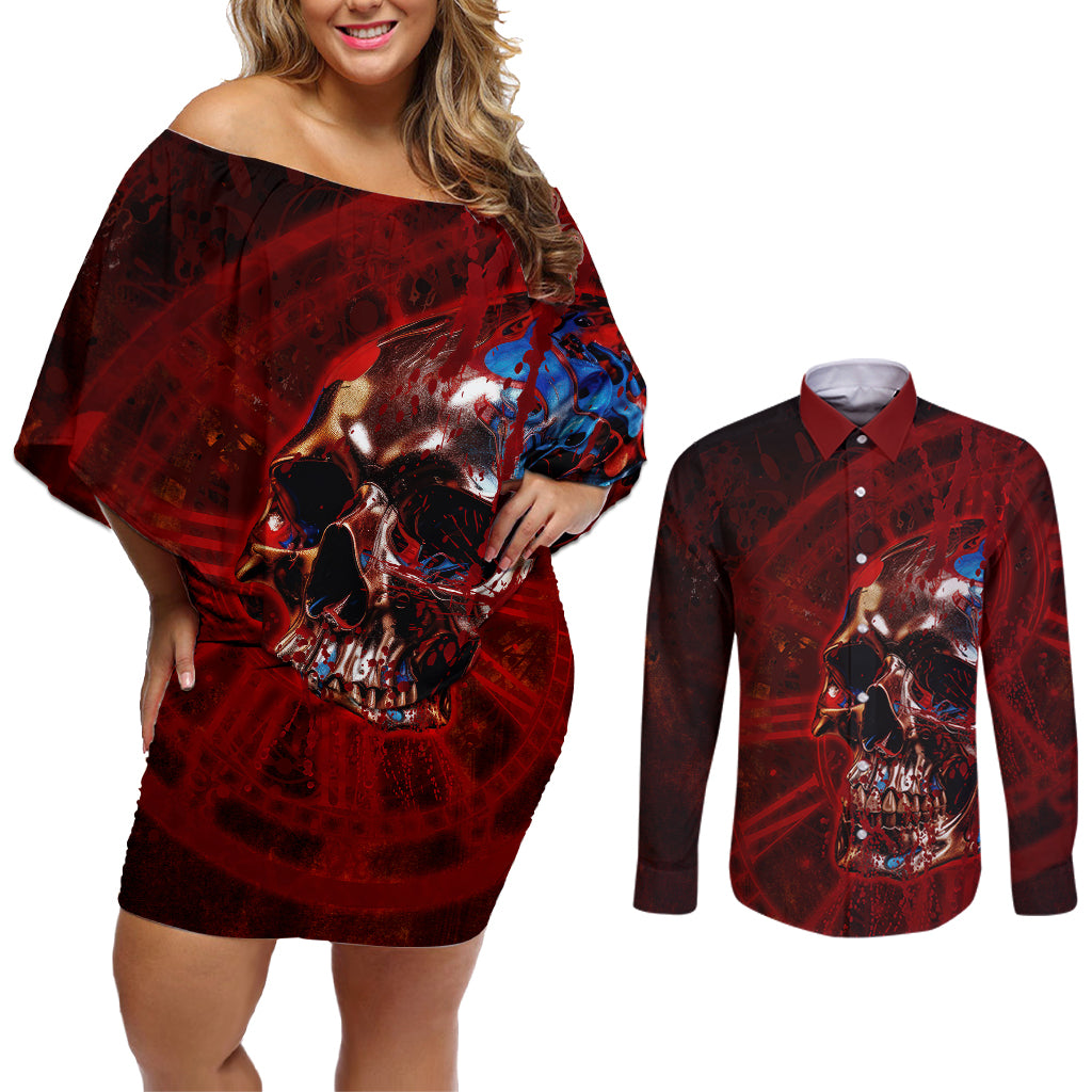 Time To Unleash A Little Hell!! Couples Matching Off Shoulder Short Dress and Long Sleeve Button Shirts - Wonder Print Shop