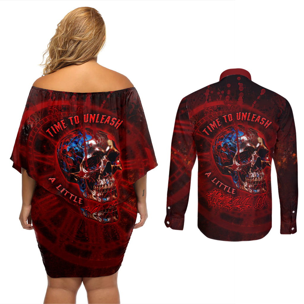Time To Unleash A Little Hell!! Couples Matching Off Shoulder Short Dress and Long Sleeve Button Shirts - Wonder Print Shop