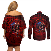 Time To Unleash A Little Hell!! Couples Matching Off Shoulder Short Dress and Long Sleeve Button Shirts - Wonder Print Shop