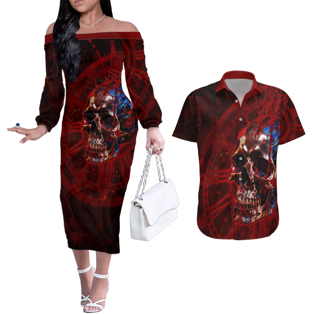 Time To Unleash A Little Hell!! Couples Matching Off The Shoulder Long Sleeve Dress and Hawaiian Shirt - Wonder Print Shop