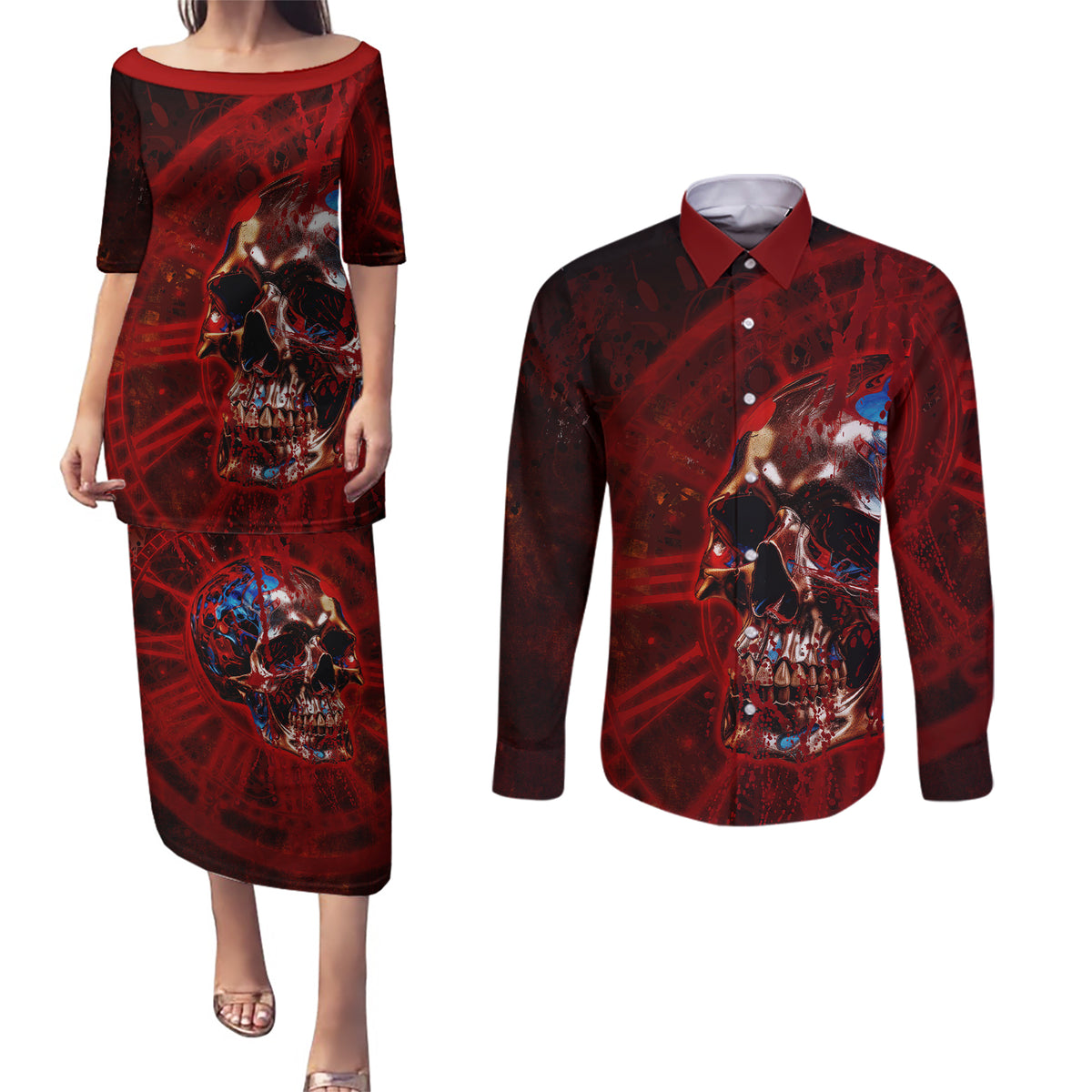 Time To Unleash A Little Hell!! Couples Matching Puletasi Dress and Long Sleeve Button Shirts - Wonder Print Shop