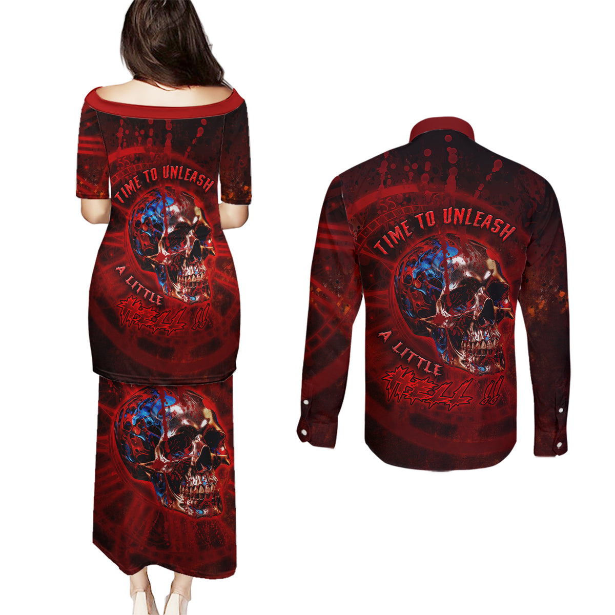 Time To Unleash A Little Hell!! Couples Matching Puletasi Dress and Long Sleeve Button Shirts - Wonder Print Shop