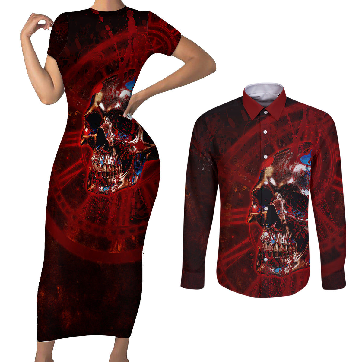 Time To Unleash A Little Hell!! Couples Matching Short Sleeve Bodycon Dress and Long Sleeve Button Shirts - Wonder Print Shop
