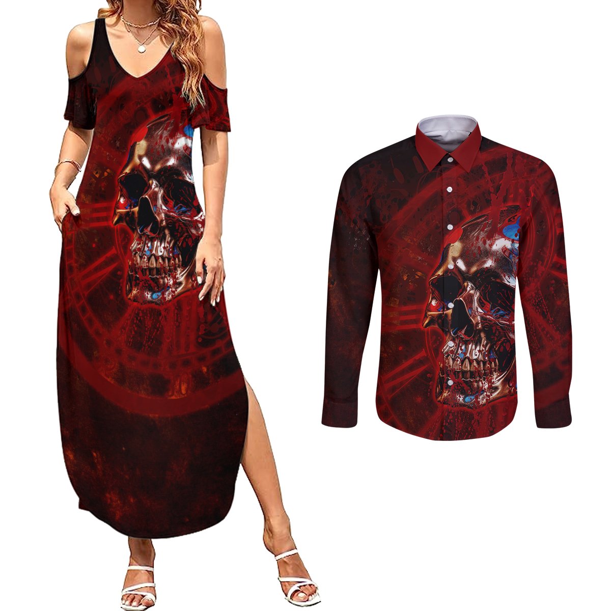 Time To Unleash A Little Hell!! Couples Matching Summer Maxi Dress and Long Sleeve Button Shirts - Wonder Print Shop