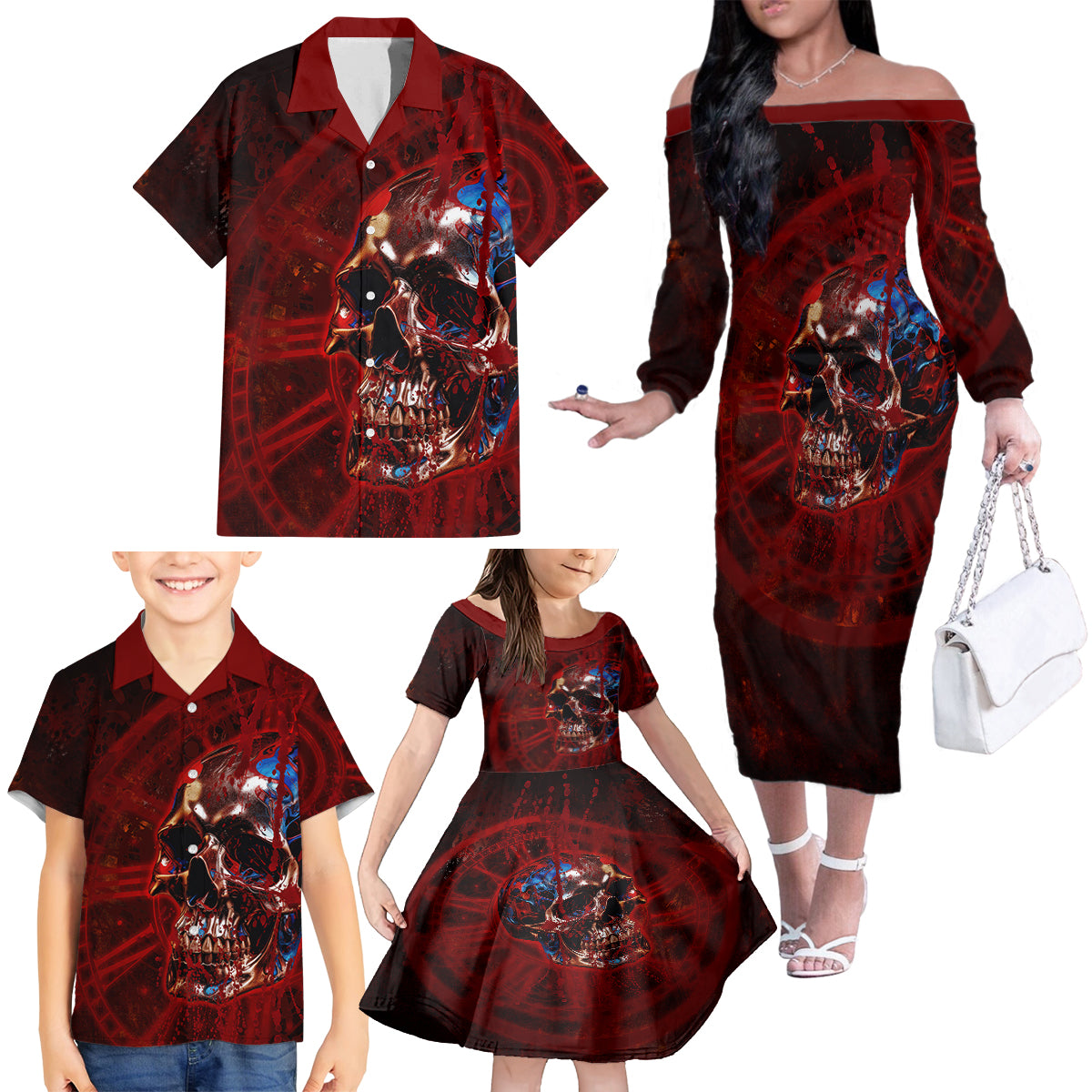 Time To Unleash A Little Hell!! Family Matching Off Shoulder Long Sleeve Dress and Hawaiian Shirt - Wonder Print Shop