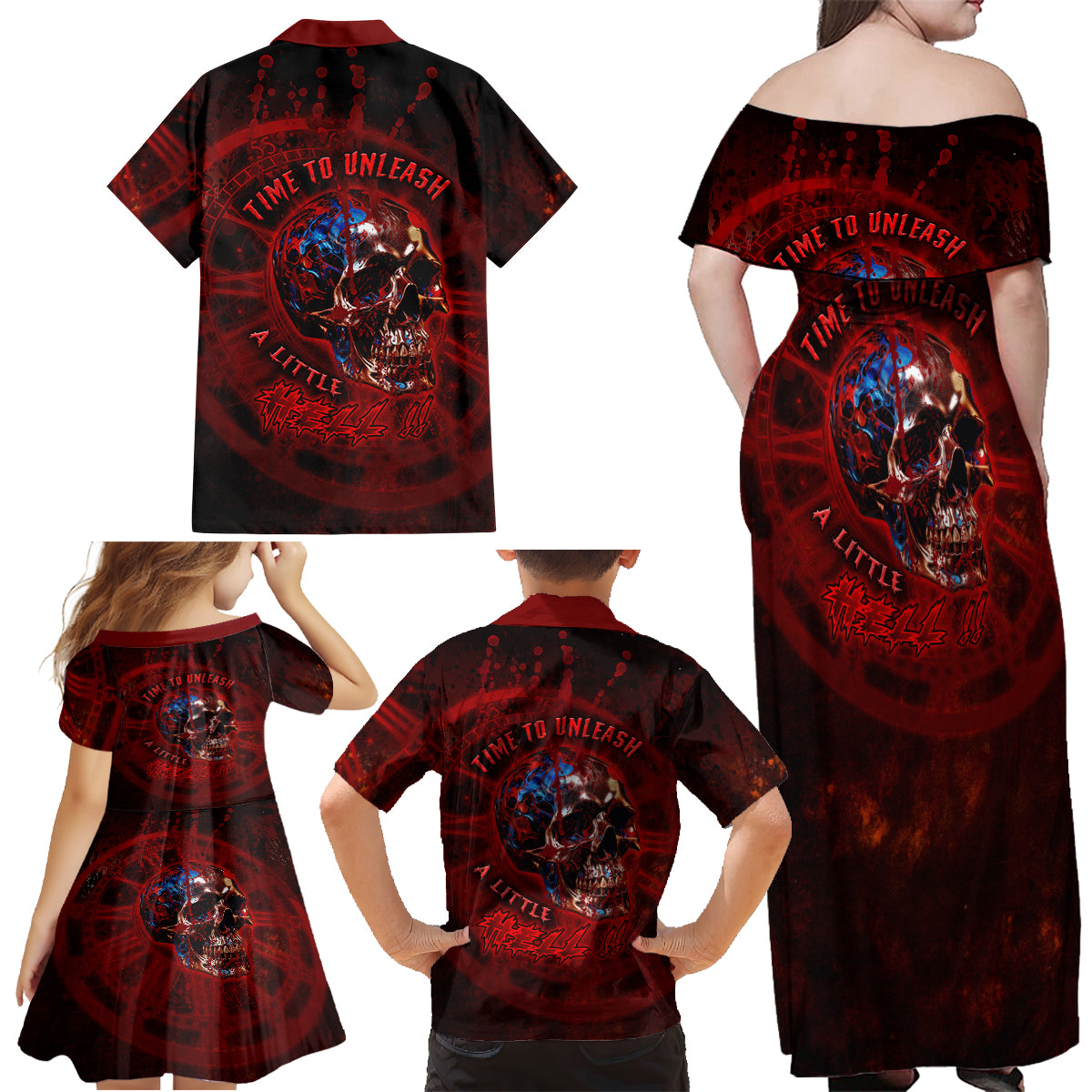 Time To Unleash A Little Hell!! Family Matching Off Shoulder Maxi Dress and Hawaiian Shirt - Wonder Print Shop