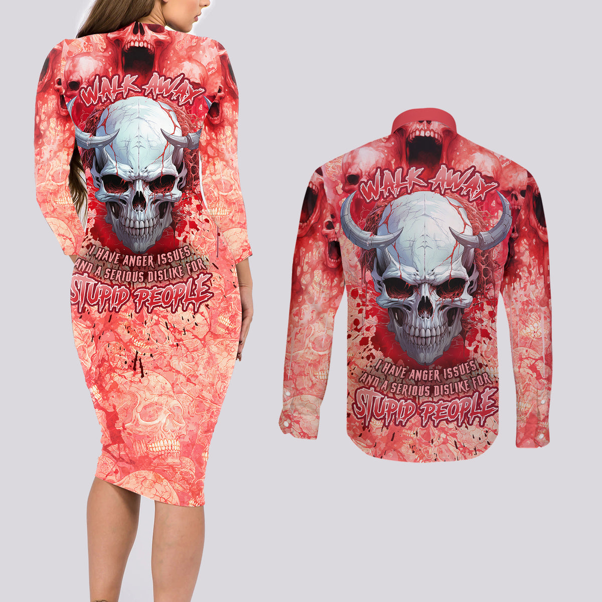 Walk Awax I Hace Anger Issues And A Serious Dislike For Stupid People Couples Matching Long Sleeve Bodycon Dress and Long Sleeve Button Shirts - Wonder Print Shop
