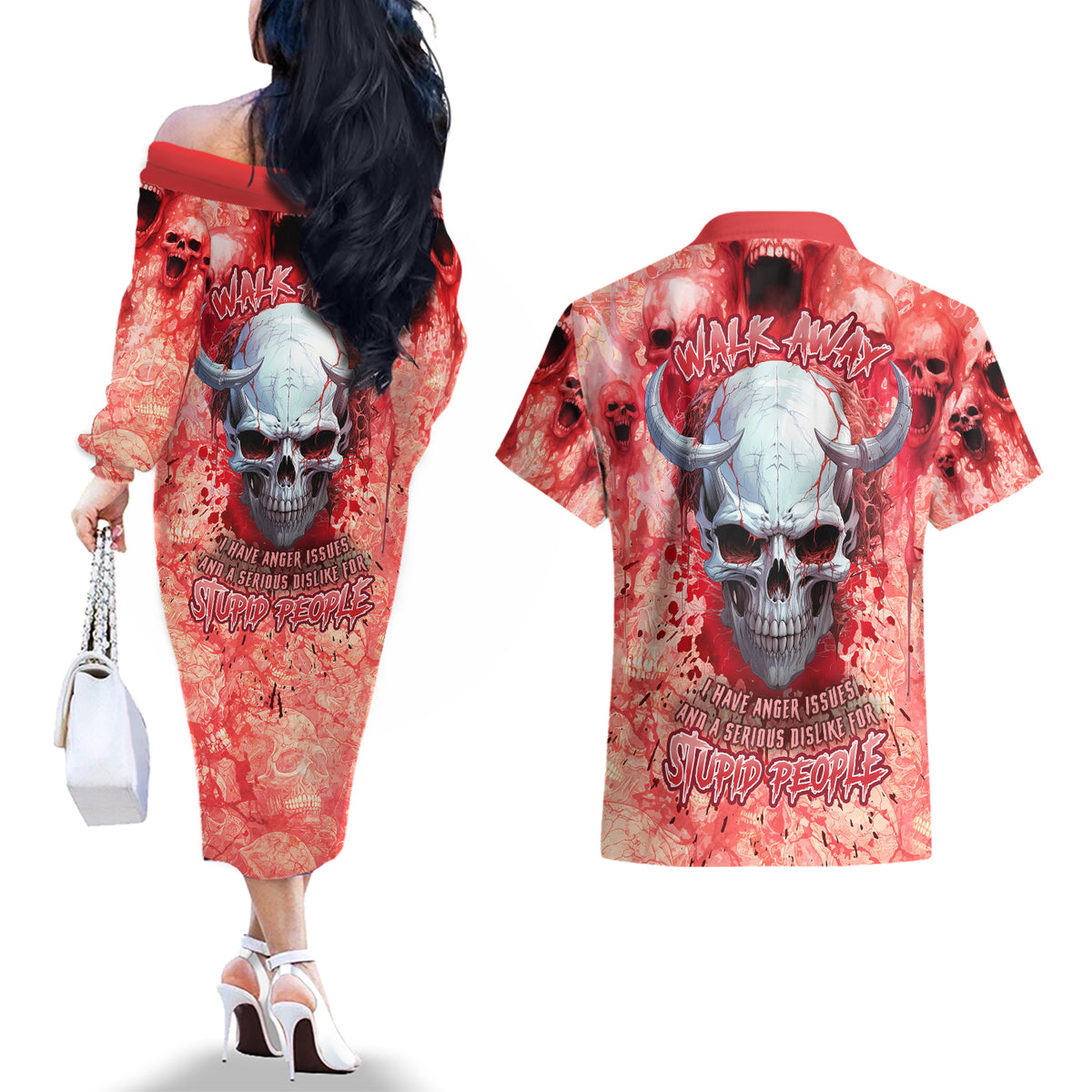 Walk Awax I Hace Anger Issues And A Serious Dislike For Stupid People Couples Matching Off The Shoulder Long Sleeve Dress and Hawaiian Shirt - Wonder Print Shop
