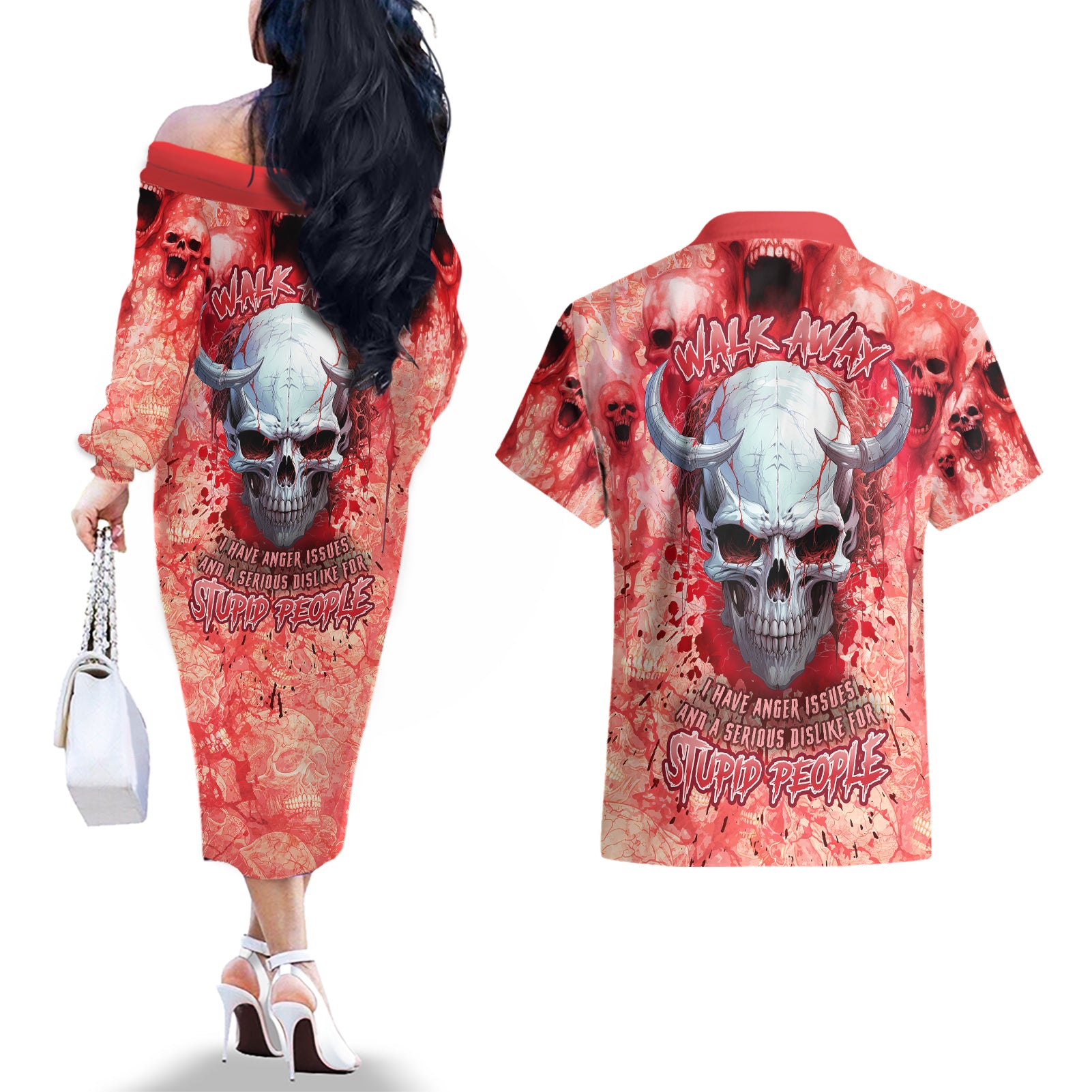 Walk Awax I Hace Anger Issues And A Serious Dislike For Stupid People Couples Matching Off The Shoulder Long Sleeve Dress and Hawaiian Shirt - Wonder Print Shop