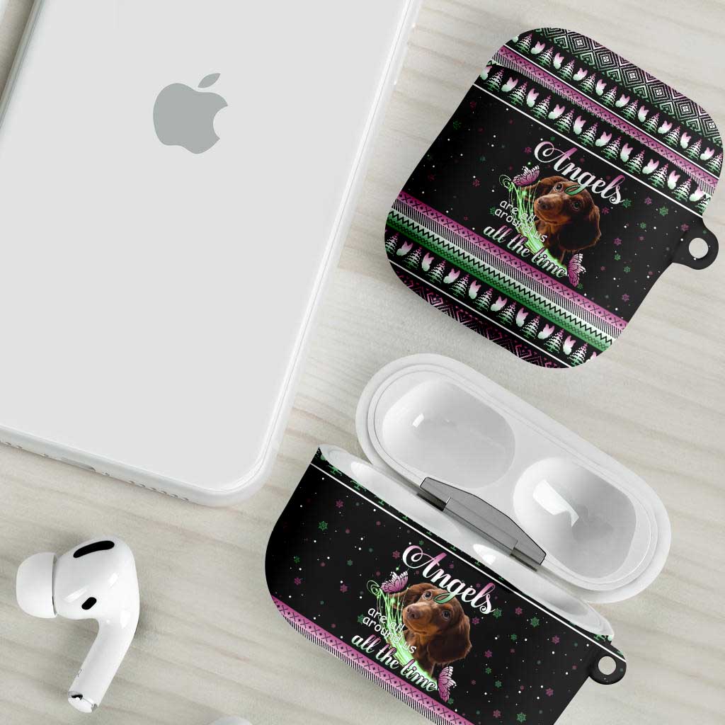 Christmas Dachshund Angel Dog AirPods Case Pink Green Tree Feather Pattern Design - Wonder Print Shop
