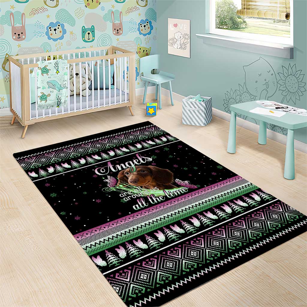 Christmas Dachshund Angel Dog Area Rug Pink Green Tree Feather Pattern Design - Wonder Print Shop
