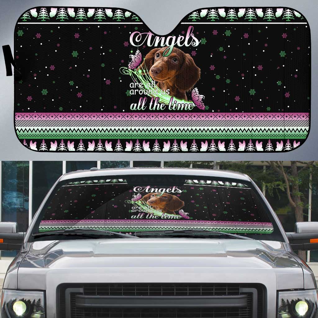 Christmas Dachshund Angel Dog Auto Sun Shade Pink Green Tree Feather Pattern Design - Wonder Print Shop
