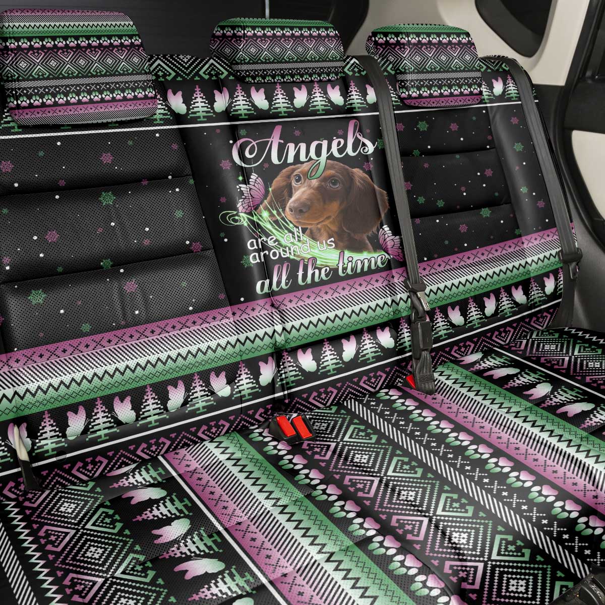 Christmas Dachshund Angel Dog Back Car Seat Cover Pink Green Tree Feather Pattern Design - Wonder Print Shop