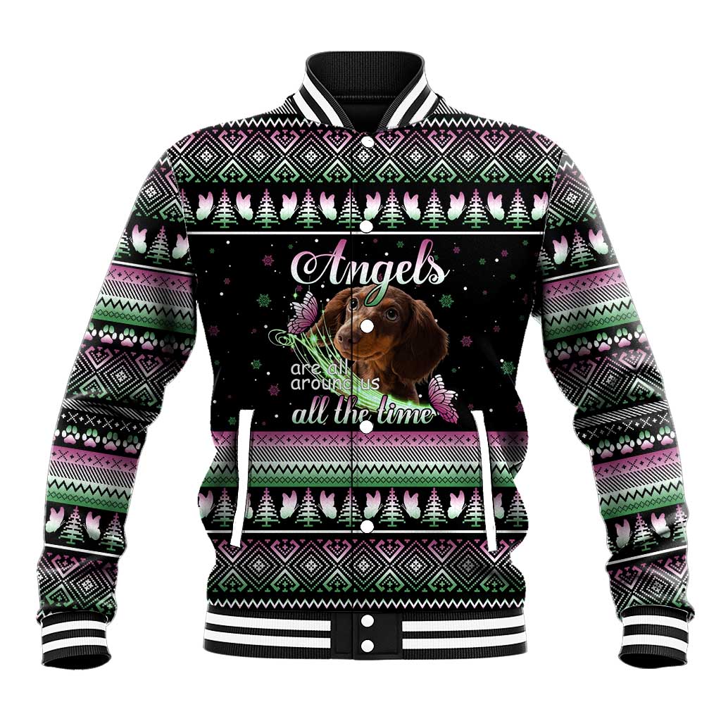 Christmas Dachshund Angel Dog Baseball Jacket Pink Green Tree Feather Pattern Design - Wonder Print Shop