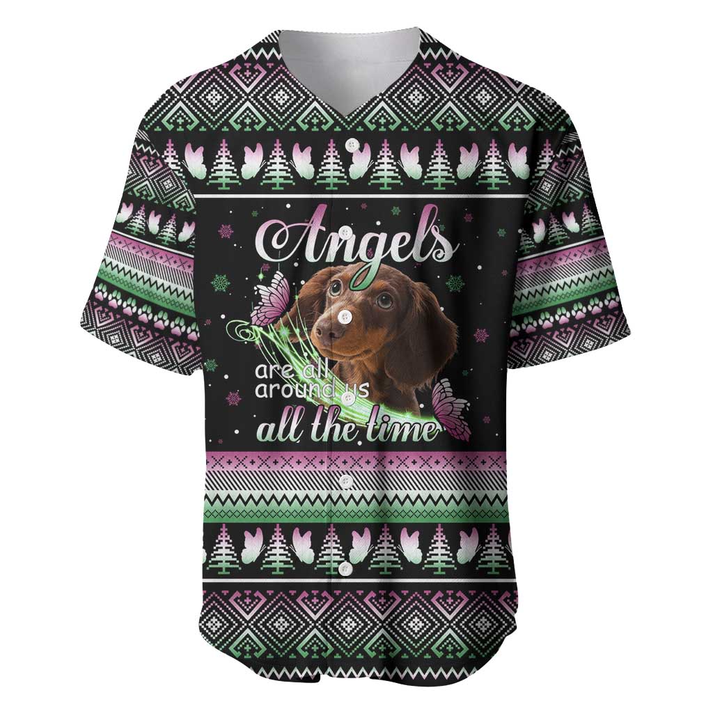 Christmas Dachshund Angel Dog Baseball Jersey Pink Green Tree Feather Pattern Design - Wonder Print Shop