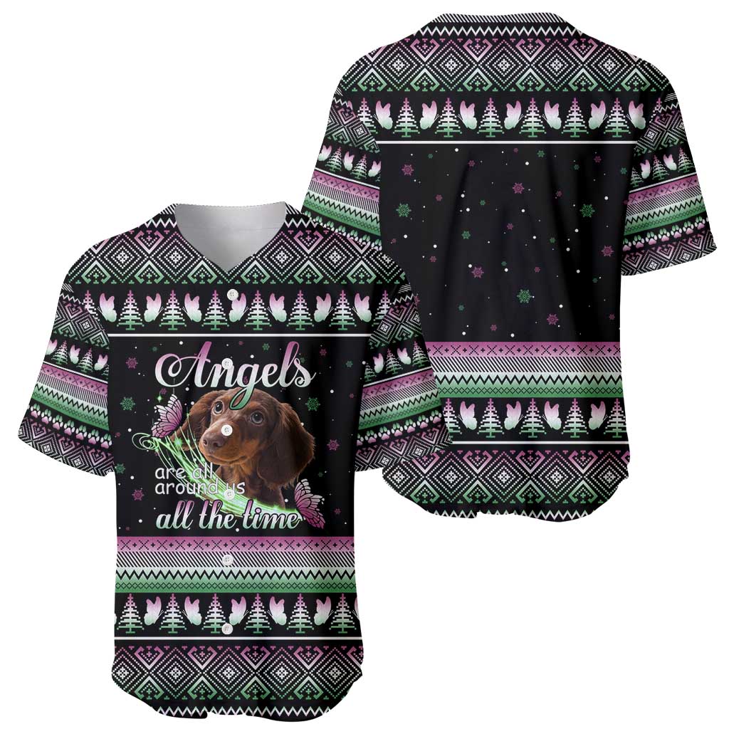 Christmas Dachshund Angel Dog Baseball Jersey Pink Green Tree Feather Pattern Design - Wonder Print Shop
