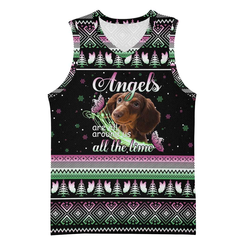 Christmas Dachshund Angel Dog Basketball Jersey Pink Green Tree Feather Pattern Design - Wonder Print Shop