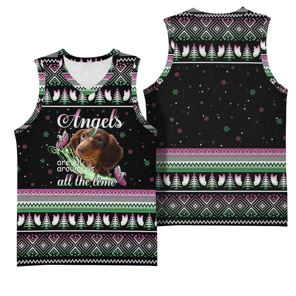 Christmas Dachshund Angel Dog Basketball Jersey Pink Green Tree Feather Pattern Design - Wonder Print Shop