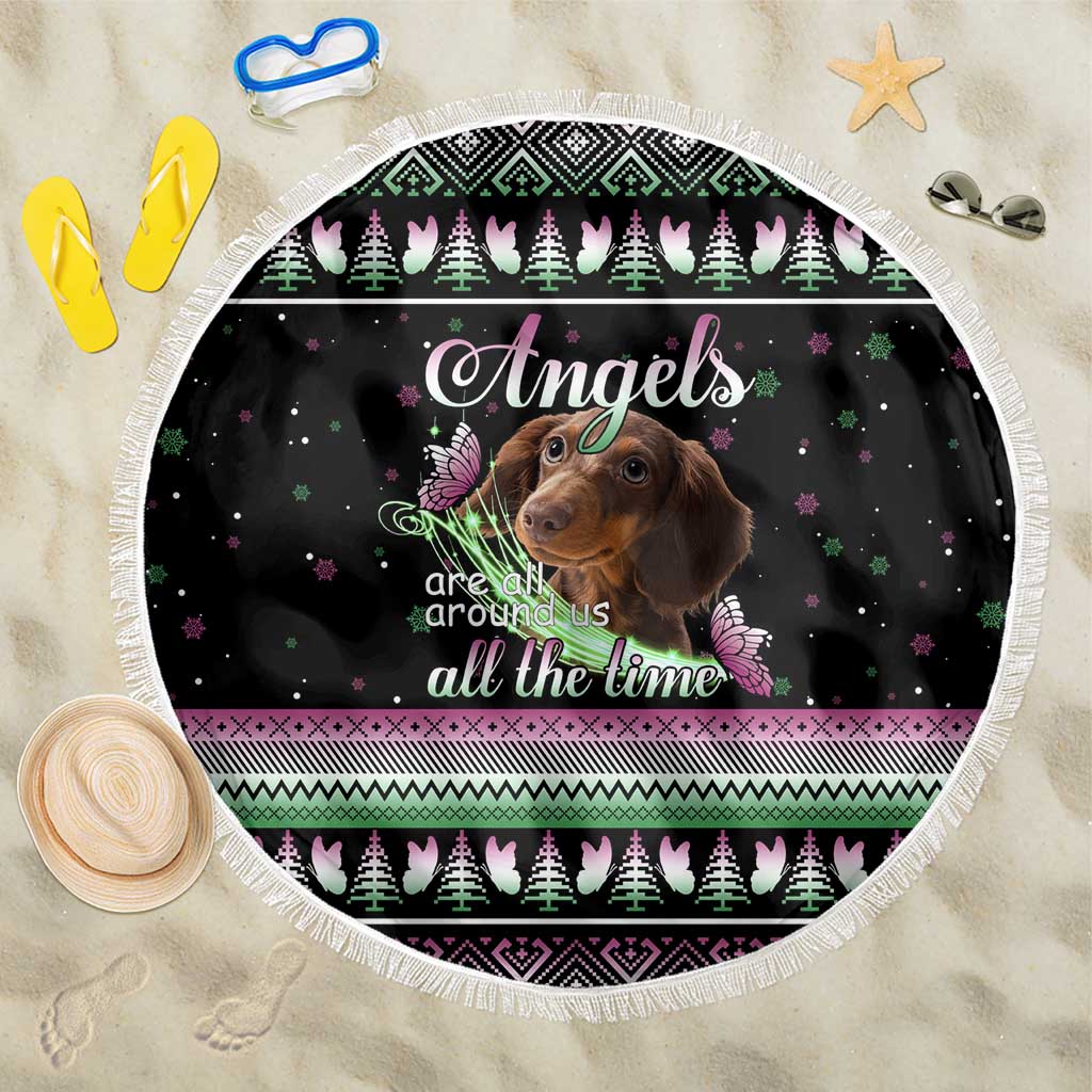 Christmas Dachshund Angel Dog Beach Blanket Pink Green Tree Feather Pattern Design - Wonder Print Shop