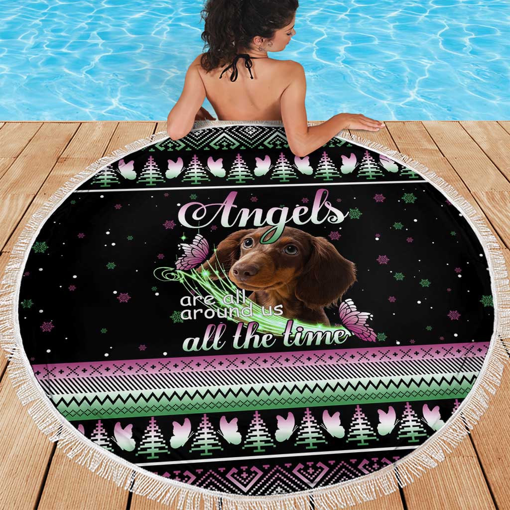 Christmas Dachshund Angel Dog Beach Blanket Pink Green Tree Feather Pattern Design - Wonder Print Shop