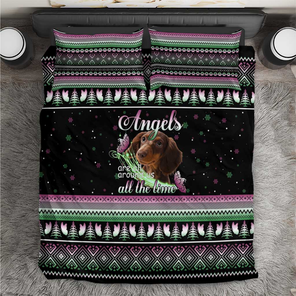 Christmas Dachshund Angel Dog Bedding Set Pink Green Tree Feather Pattern Design - Wonder Print Shop