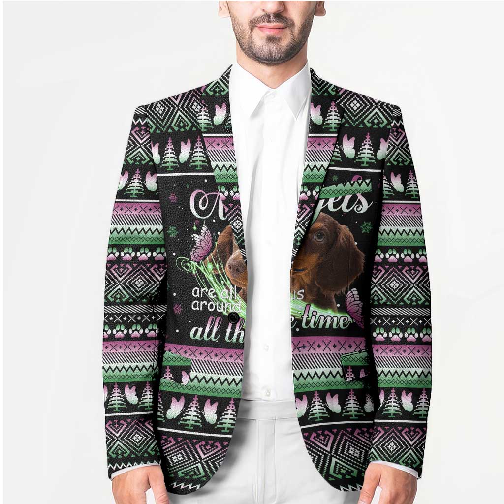 Christmas Dachshund Angel Dog Blazer Pink Green Tree Feather Pattern Design - Wonder Print Shop