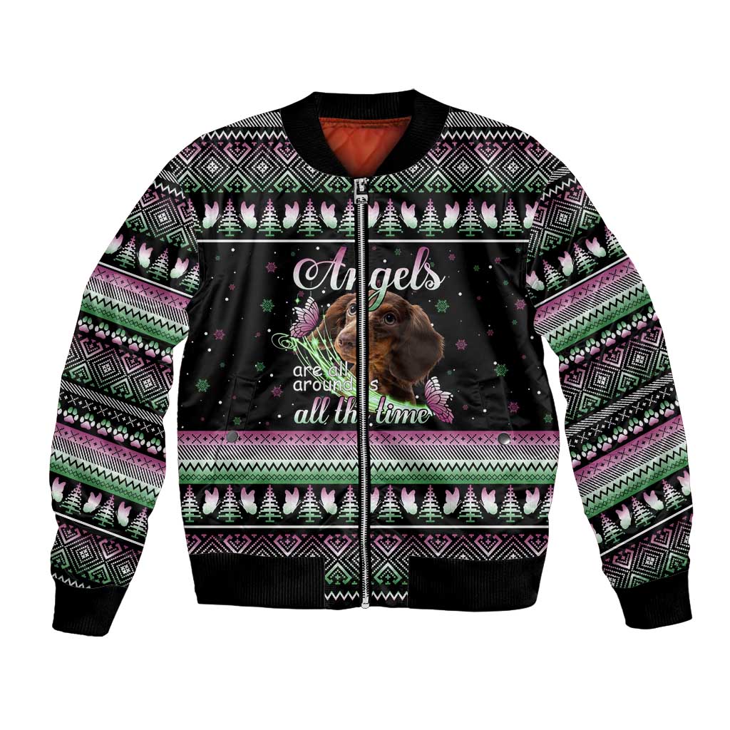 Christmas Dachshund Angel Dog Bomber Jacket Pink Green Tree Feather Pattern Design - Wonder Print Shop