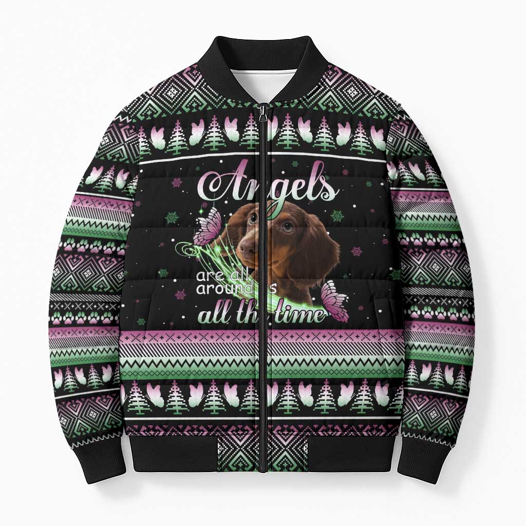 Christmas Dachshund Angel Dog Bomber Puffer Jacket Pink Green Tree Feather Pattern Design - Wonder Print Shop