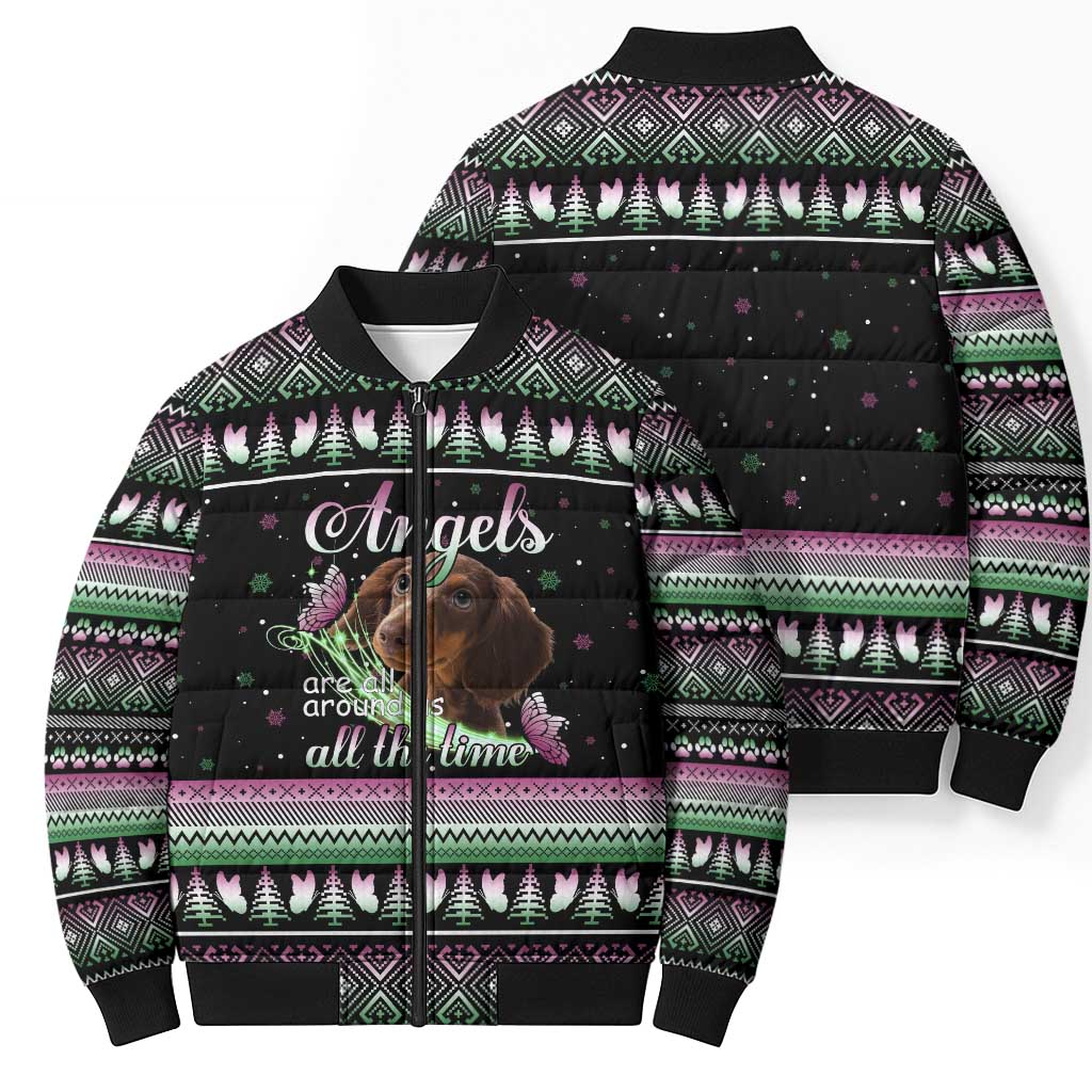 Christmas Dachshund Angel Dog Bomber Puffer Jacket Pink Green Tree Feather Pattern Design - Wonder Print Shop