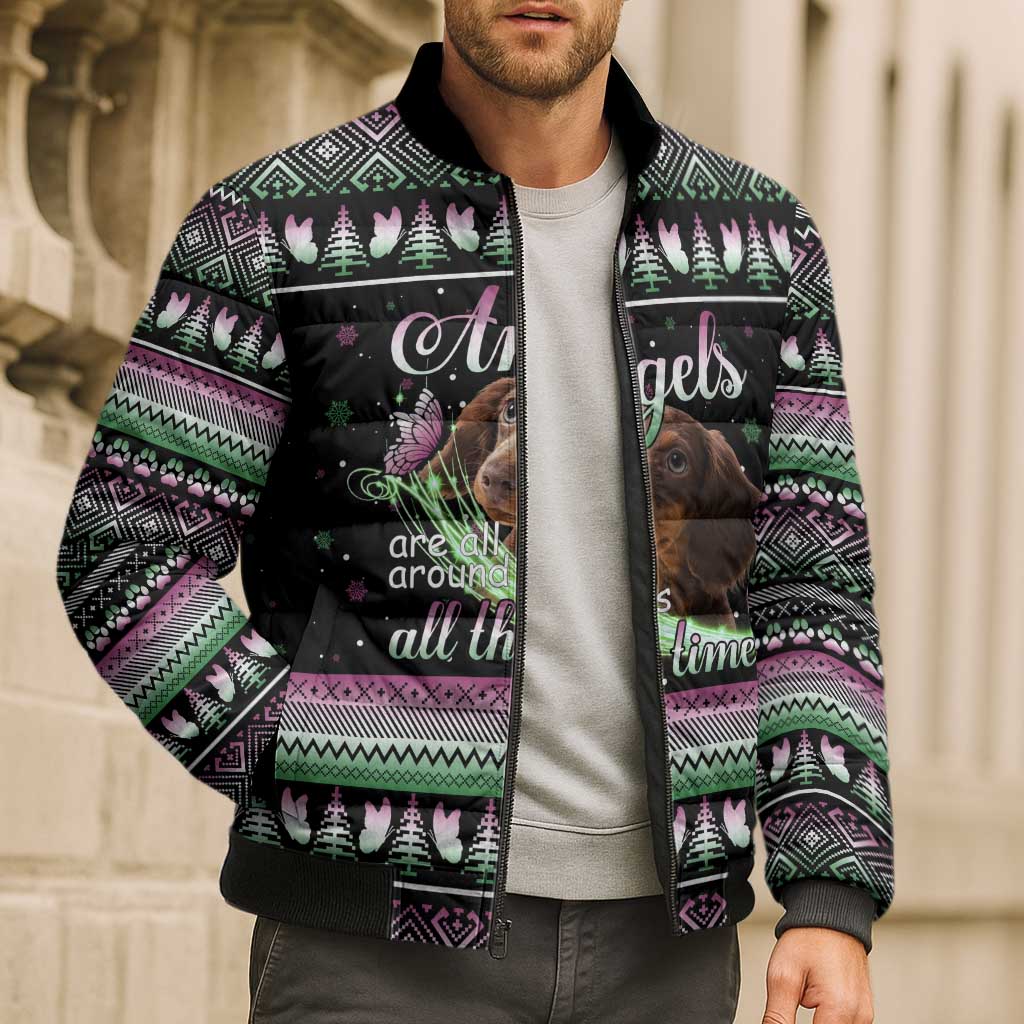 Christmas Dachshund Angel Dog Bomber Puffer Jacket Pink Green Tree Feather Pattern Design - Wonder Print Shop