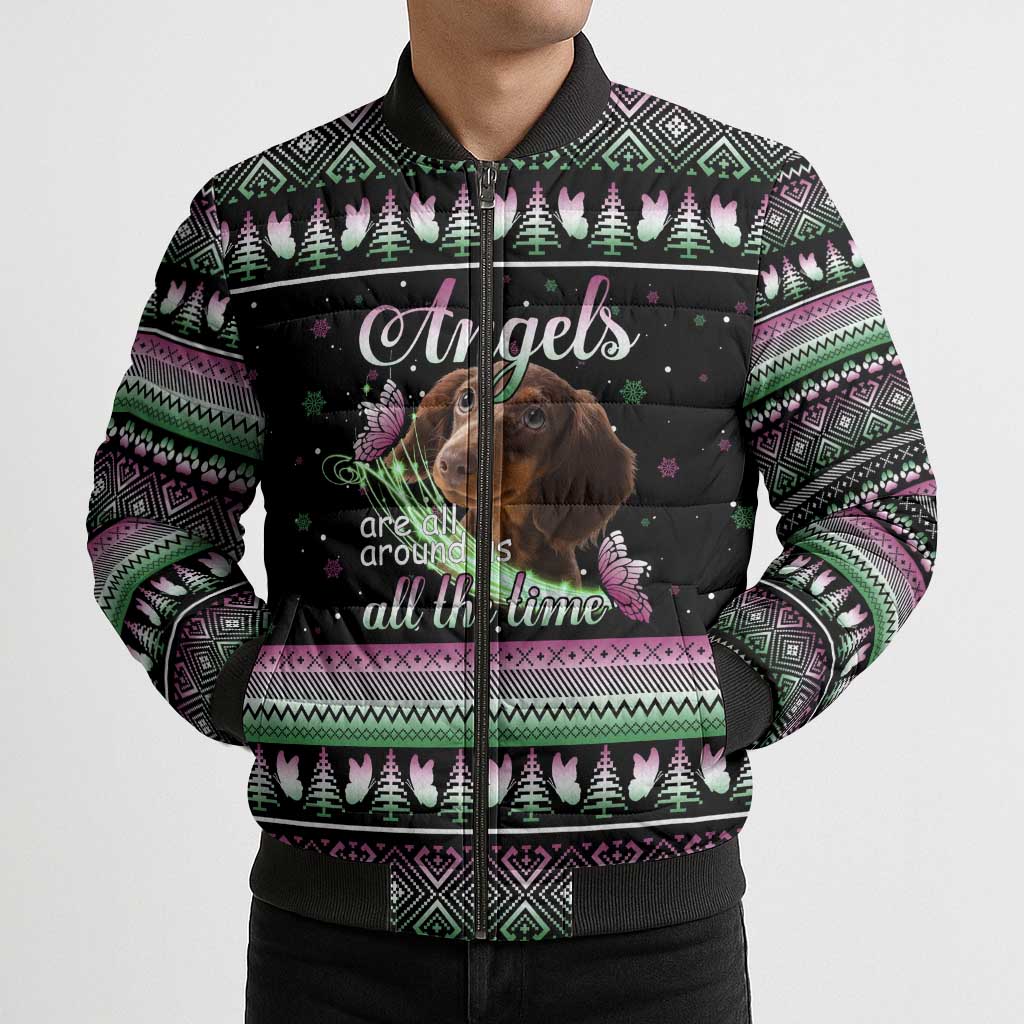 Christmas Dachshund Angel Dog Bomber Puffer Jacket Pink Green Tree Feather Pattern Design - Wonder Print Shop