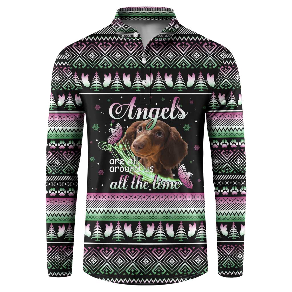Christmas Dachshund Angel Dog Button Sweatshirt Pink Green Tree Feather Pattern Design - Wonder Print Shop