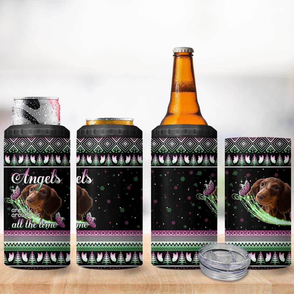Christmas Dachshund Angel Dog 4 in 1 Can Cooler Tumbler Pink Green Tree Feather Pattern Design - Wonder Print Shop