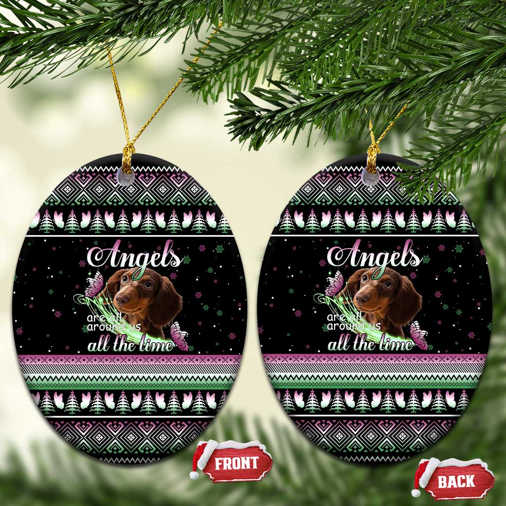 Christmas Dachshund Angel Dog Ceramic Ornament Pink Green Tree Feather Pattern Design - Wonder Print Shop