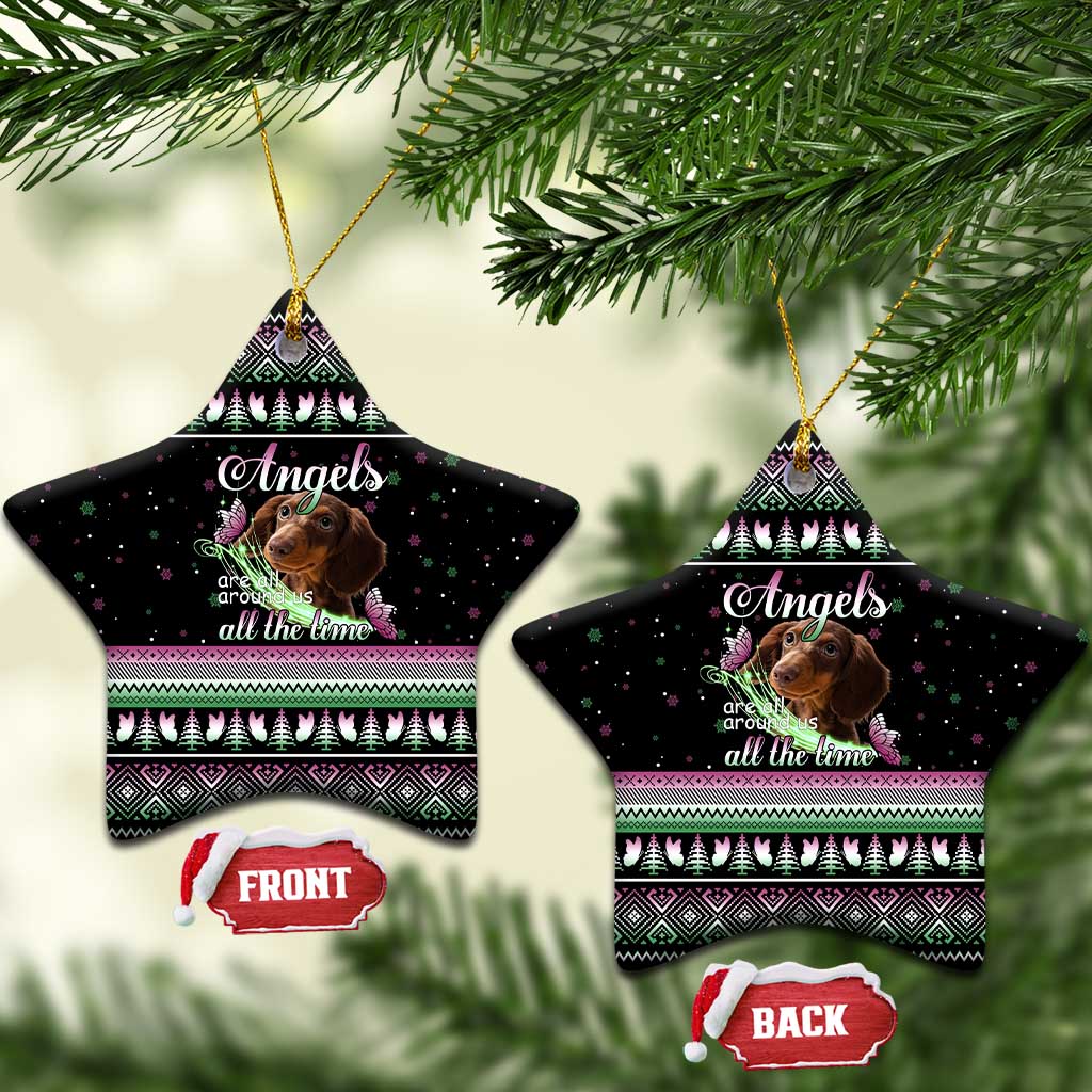 Christmas Dachshund Angel Dog Ceramic Ornament Pink Green Tree Feather Pattern Design - Wonder Print Shop