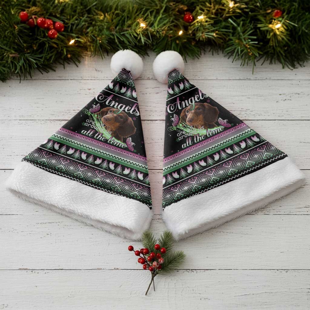 Christmas Dachshund Angel Dog Christmas Santa Hat Pink Green Tree Feather Pattern Design - Wonder Print Shop