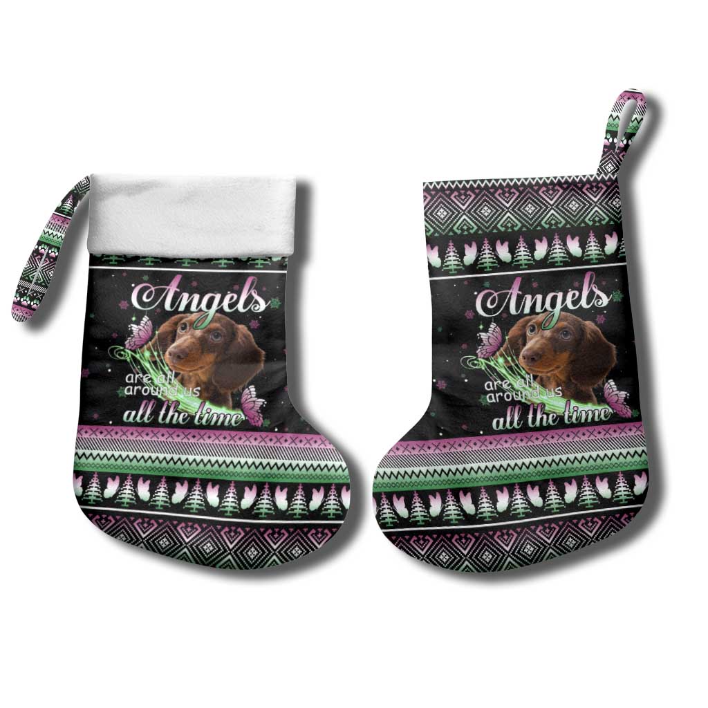Christmas Dachshund Angel Dog Christmas Stocking Pink Green Tree Feather Pattern Design - Wonder Print Shop