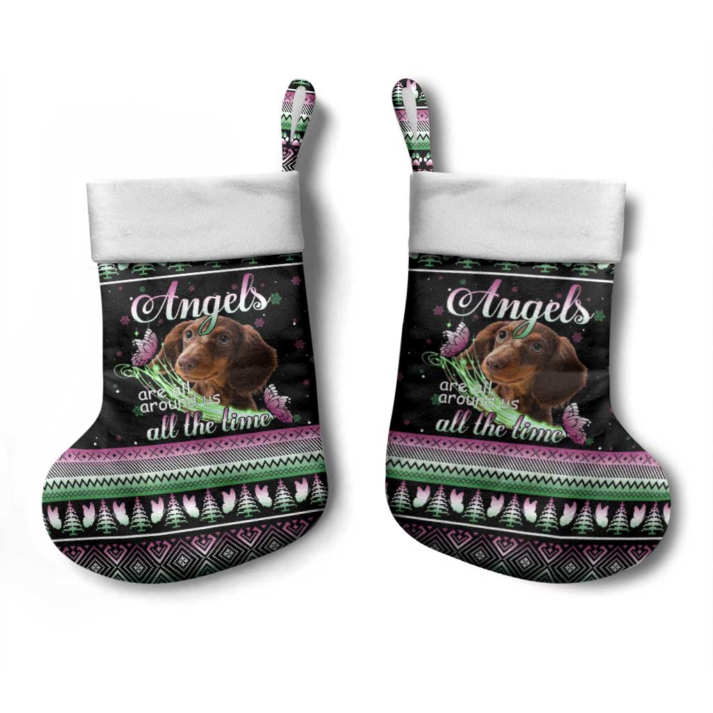 Christmas Dachshund Angel Dog Christmas Stocking Pink Green Tree Feather Pattern Design - Wonder Print Shop