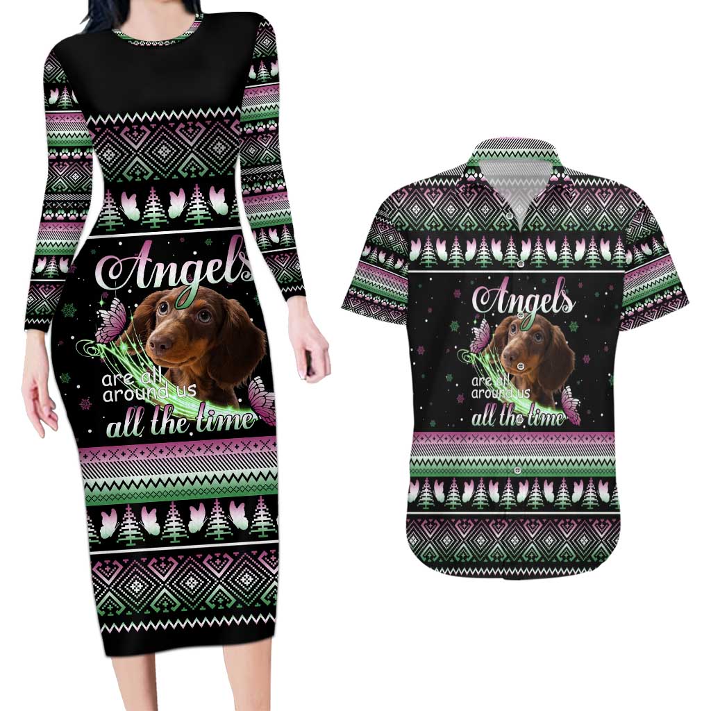 Christmas Dachshund Angel Dog Couples Matching Long Sleeve Bodycon Dress and Hawaiian Shirt Pink Green Tree Feather Pattern Design - Wonder Print Shop