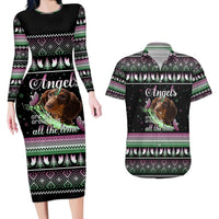 Christmas Dachshund Angel Dog Couples Matching Long Sleeve Bodycon Dress and Hawaiian Shirt Pink Green Tree Feather Pattern Design - Wonder Print Shop